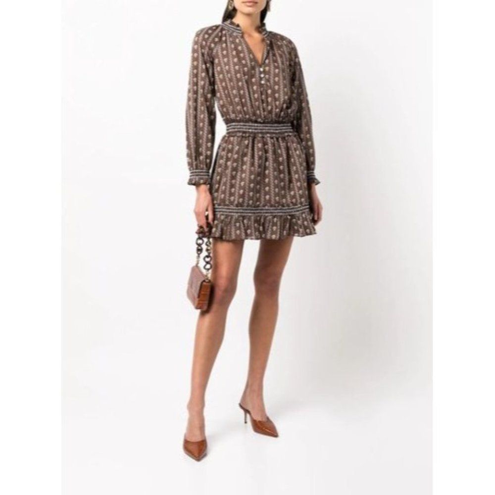 Veronica Beard Espie Dress in Hazel Brown, Cotton Long Sleeve Mini Dress